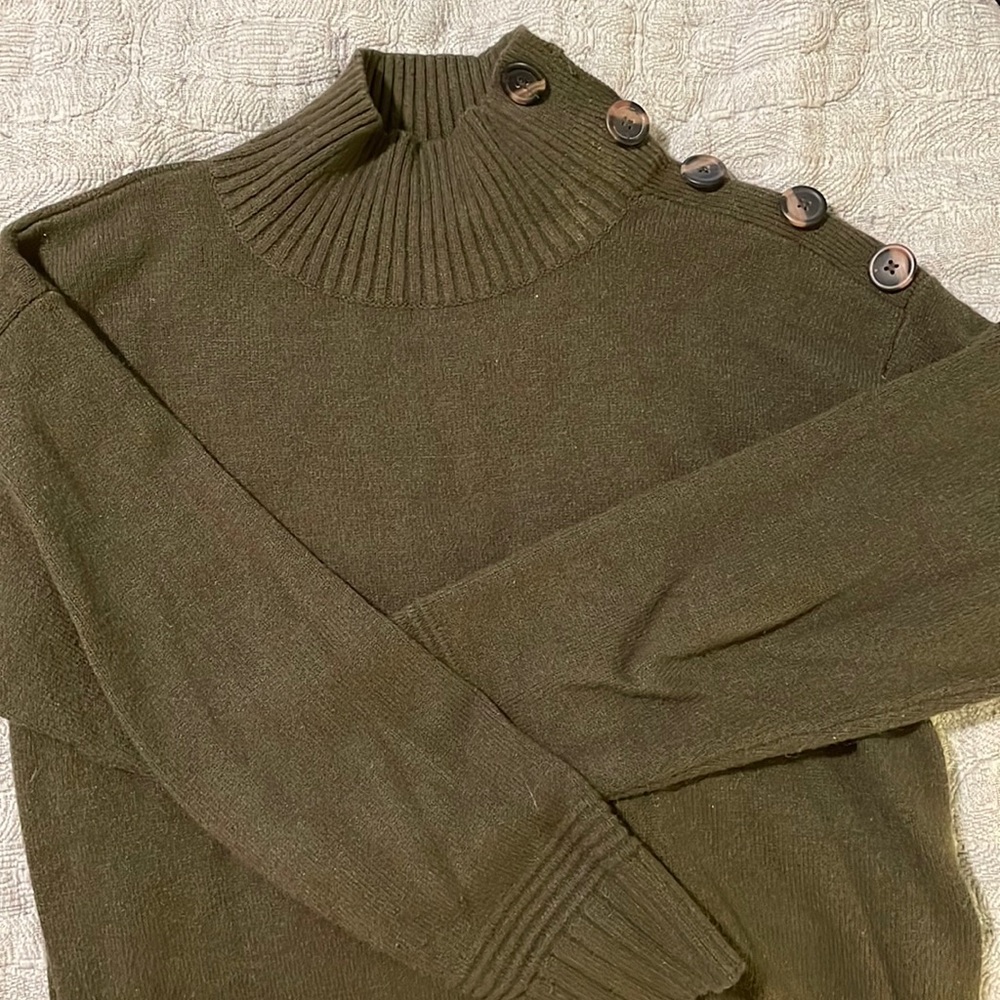 Olive sweater, buttons up neck and slit on side